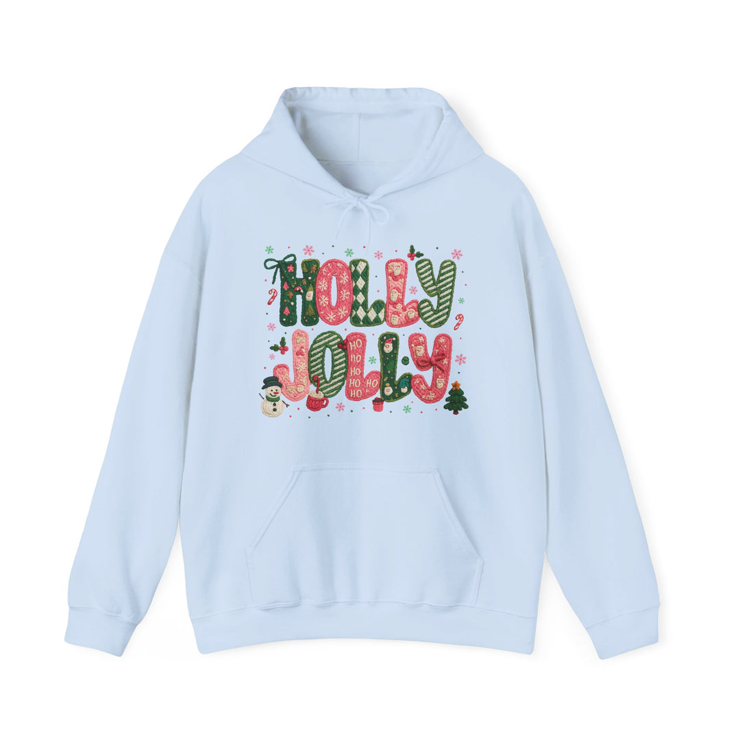 Holly Jolly Hoodie showcases festive “HOLLY JOLLY” letters with candy-cane stripes and a snowman, perfect for cozy holiday warmth and style.