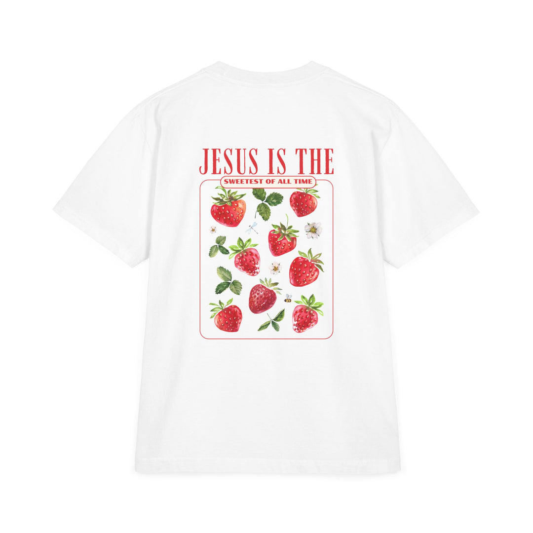 Jesus is the Sweetest Tee, a unisex drop-shoulder t-shirt with vintage styling, oversized fit, and double-needle stitching for comfort and durability.