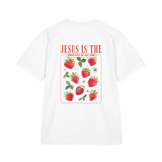 Jesus is the Sweetest Tee, a unisex drop-shoulder t-shirt with vintage styling, oversized fit, and double-needle stitching for comfort and durability.