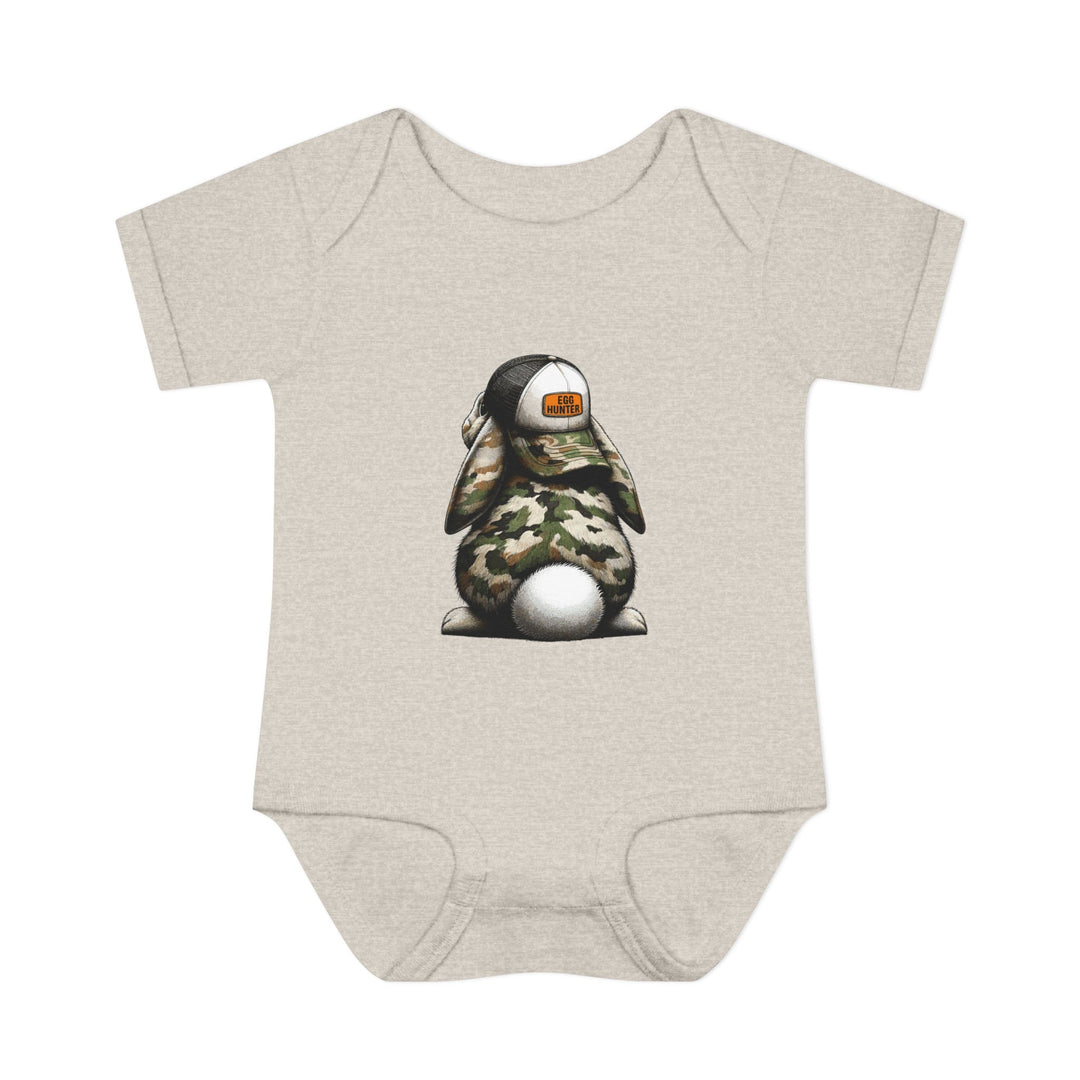 Egg Hunter Onesie featuring a cartoon bunny in a hat, designed for comfort with lap shoulders and soft, ring-spun cotton fabric.