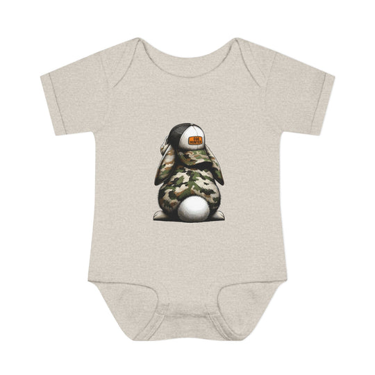 Egg Hunter Onesie featuring a cartoon bunny in a hat, designed for comfort with lap shoulders and soft, ring-spun cotton fabric.