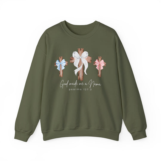 Olive-green sweatshirt with rustic wooden crosses and 'God Made Me a Nana' text, blending comfort and faith-based design from Faith Family Designs.