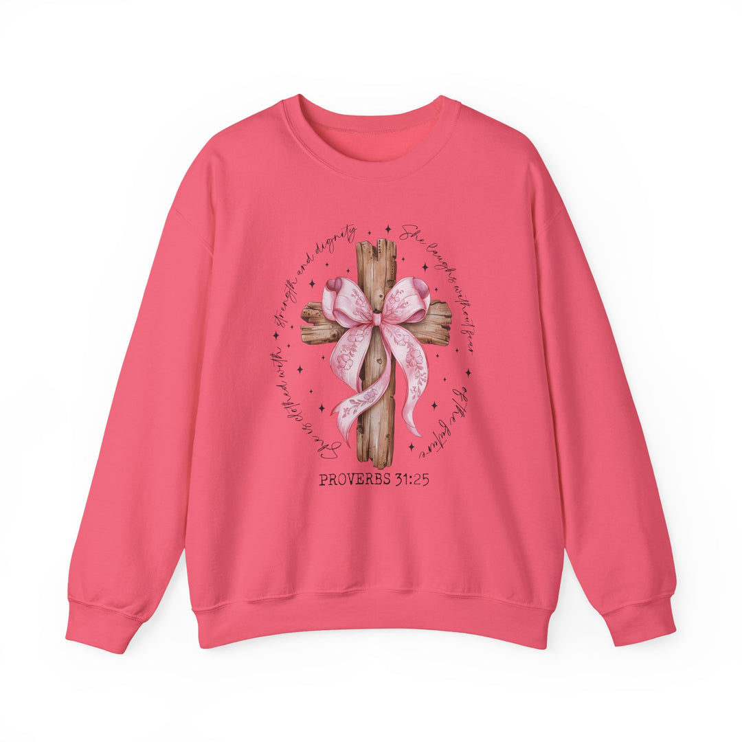 Proverbs 31:25 Crew: Coral-pink women's sweatshirt featuring a wooden cross with floral bow, surrounded by Proverbs 31:25 text in delicate script.