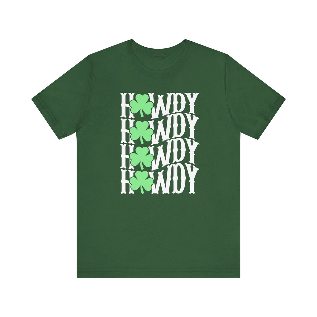 Howdy Lucky Tee: Green shirt featuring white text and clover design, crafted from soft cotton with ribbed knit collars and dual side seams for durability.