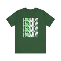 Howdy Lucky Tee: Green shirt featuring white text and clover design, crafted from soft cotton with ribbed knit collars and dual side seams for durability.