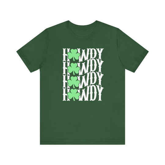 Howdy Lucky Tee: Green shirt featuring white text and clover design, crafted from soft cotton with ribbed knit collars and dual side seams for durability.