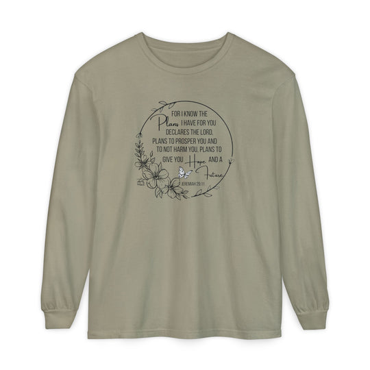 Plans Hope Future Long Sleeve Tee in muted olive features a circular floral wreath with butterfly and Jeremiah 29:11 verse, offering comfort with 100% ring-spun cotton.