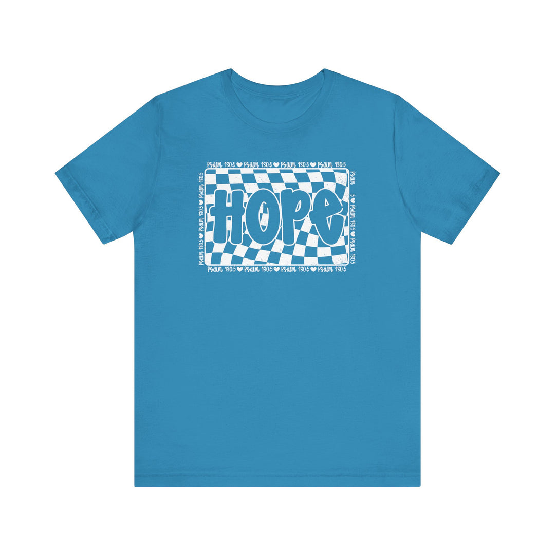 Hope Tee: Blue t-shirt with white checkered design, featuring ribbed knit collars and dual side seams for durability. Available in multiple sizes for a comfortable fit.