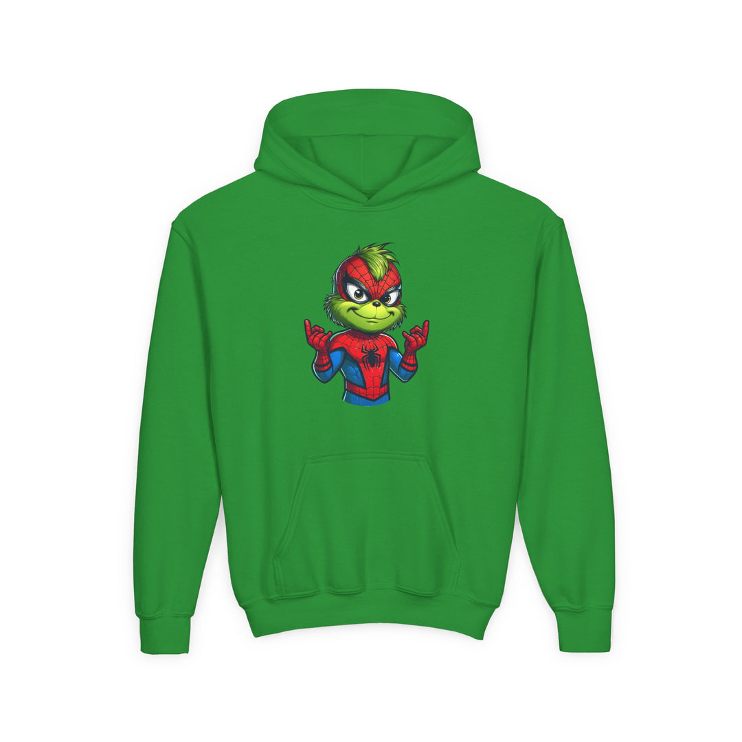 Christmas Spider Youth Hoodie featuring a cartoon Grinch in a Spider-Man costume, web-shooting gesture, on a bright green, ultra-soft fleece sweatshirt with kangaroo pocket.