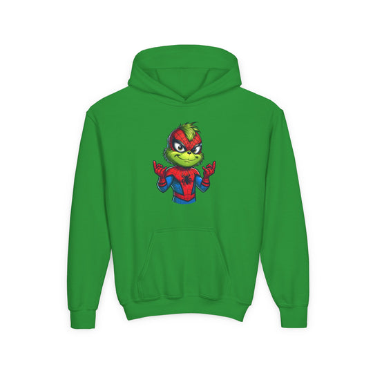 Christmas Spider Youth Hoodie featuring a cartoon Grinch in a Spider-Man costume, web-shooting gesture, on a bright green, ultra-soft fleece sweatshirt with kangaroo pocket.