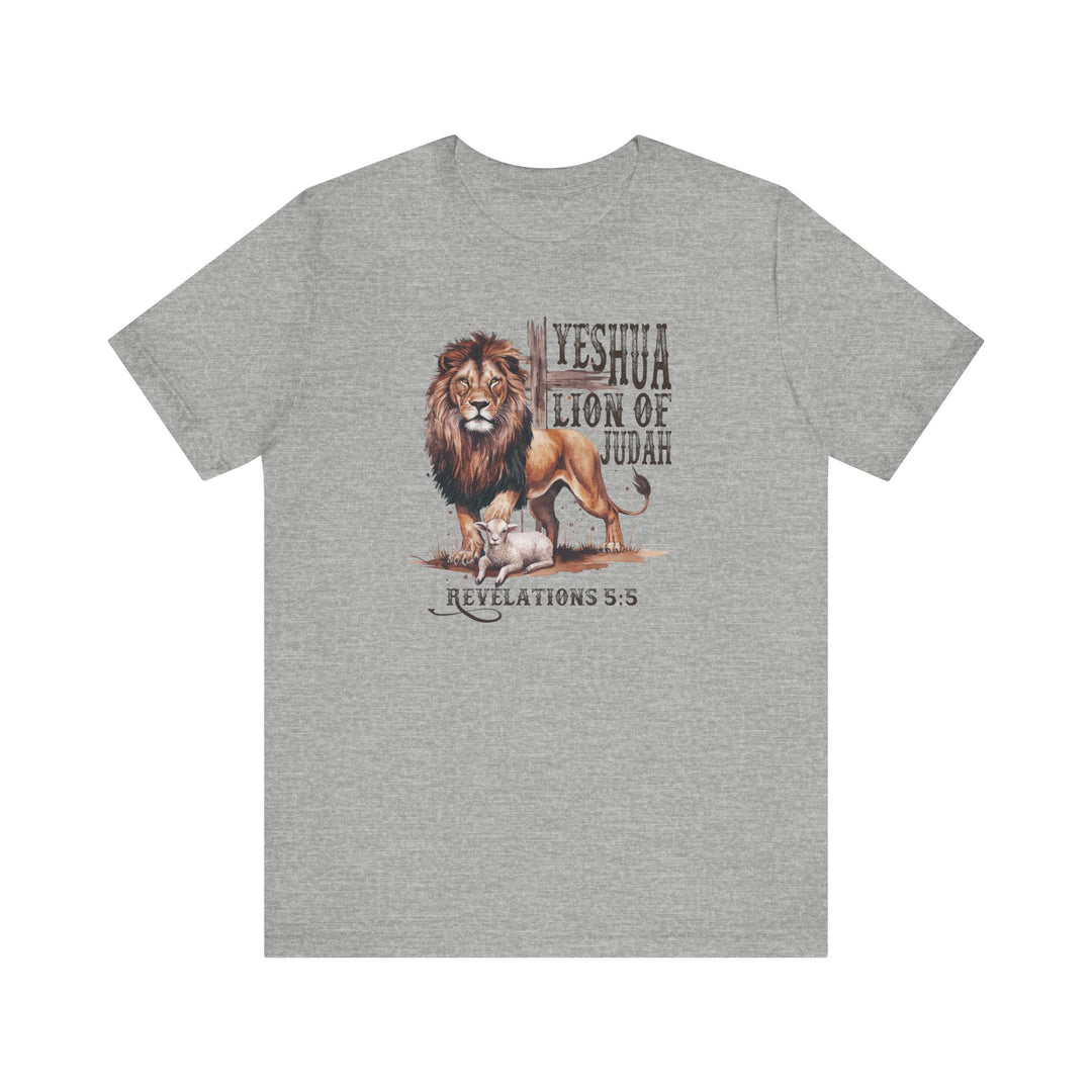 Yeshua Lion of Judah Tee featuring a detailed lion and lamb graphic, unisex jersey style, short sleeves, made from soft cotton for a comfortable fit.