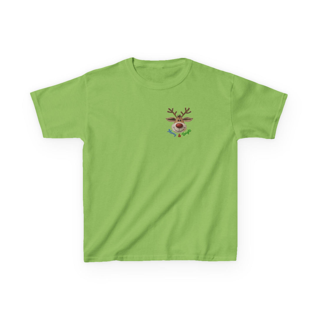 Merry and Bright Kids Tee in lime green featuring a cartoon reindeer with Merry & Bright text on the chest, perfect for everyday wear.