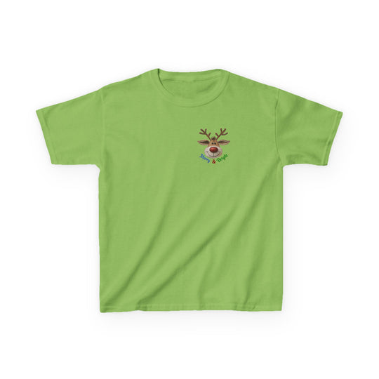 Merry and Bright Kids Tee in lime green featuring a cartoon reindeer with Merry & Bright text on the chest, perfect for everyday wear.