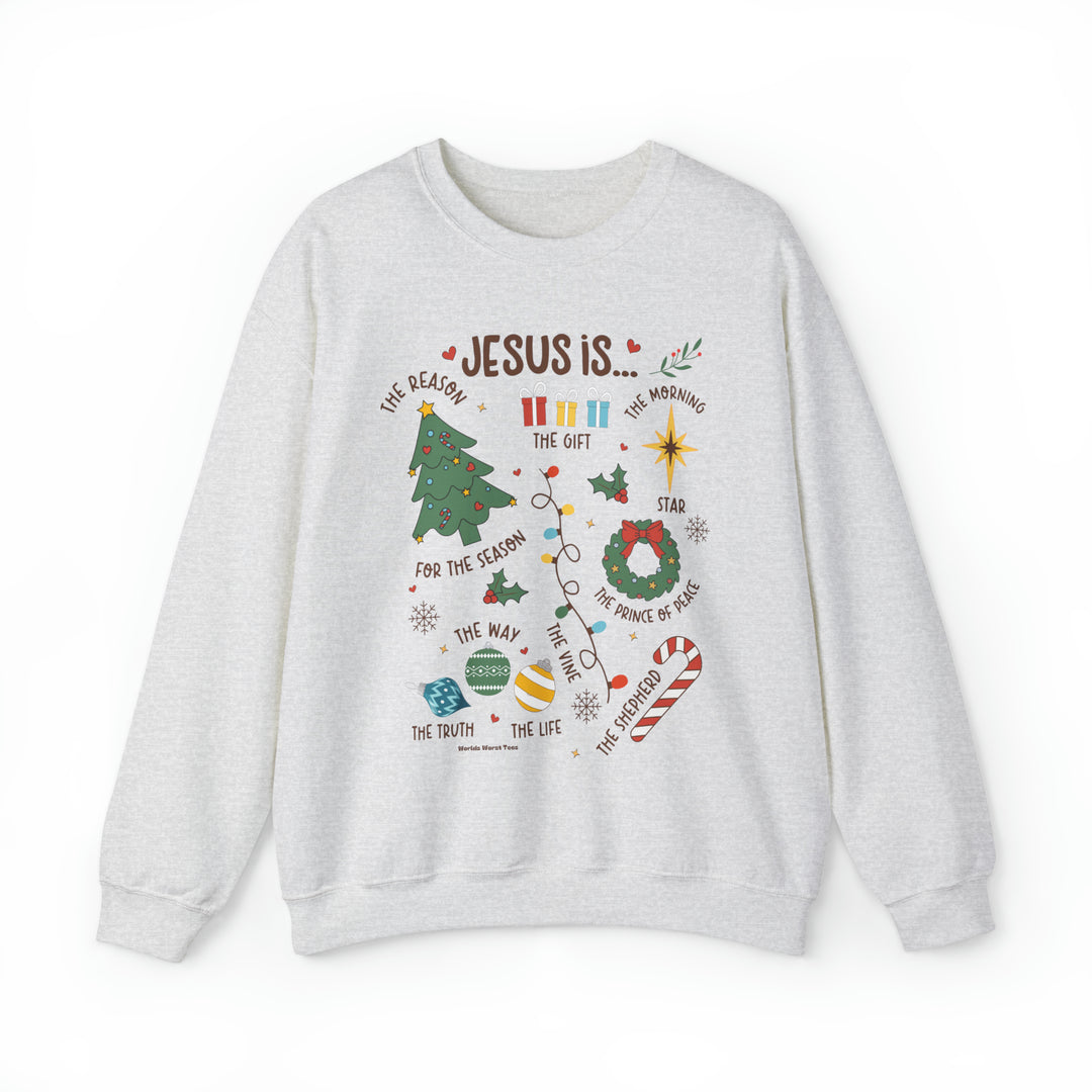 A unisex heavy blend crewneck sweatshirt featuring a graphic design of Jesus for Christmas. Made of 50% cotton and 50% polyester with ribbed knit collar and loose fit. Sewn-in label, sizes S-5XL.