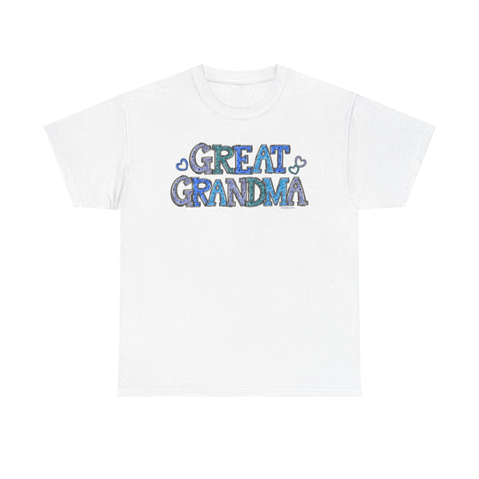 Unisex Great Grandma Tee, white cotton shirt with blue text. No side seams for comfort, ribbed knit collar for elasticity. Classic fit, medium weight fabric. Sizes S-5XL.
