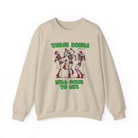 Cream crewneck sweatshirt featuring dancing skeletons in Santa hats, Christmas lights, and THESE BONES WILL COME TO LIFE text, ideal for festive comfort.