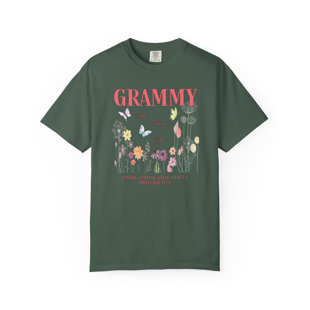 Green Grammy Tee featuring floral and butterfly design, showcasing a relaxed fit and durable double-needle stitching, ideal for casual or semi-formal wear.