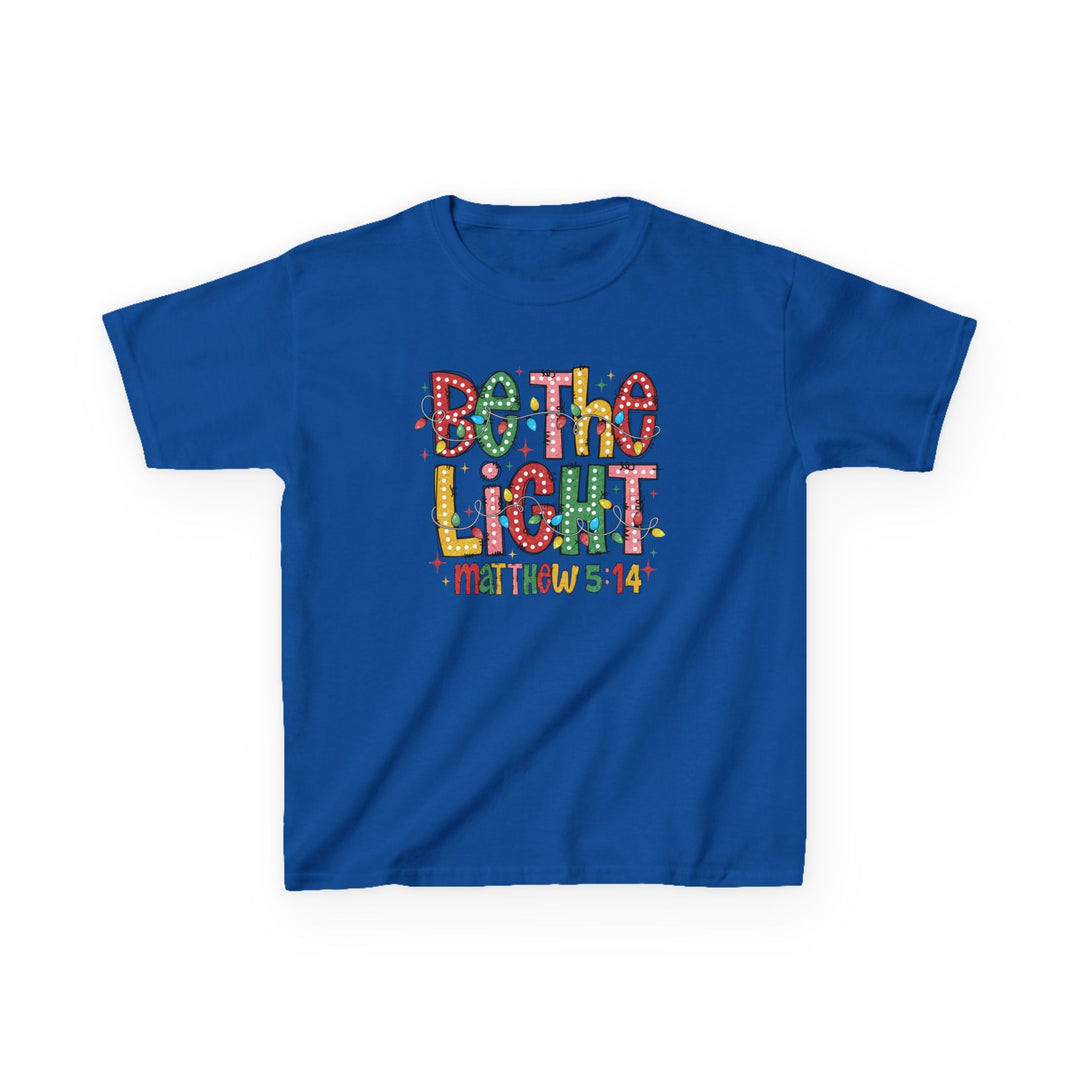 Royal-blue kids' tee with Be the Light graphic, featuring holiday lights and Bible reference Matthew 5:14, perfect for everyday wear.