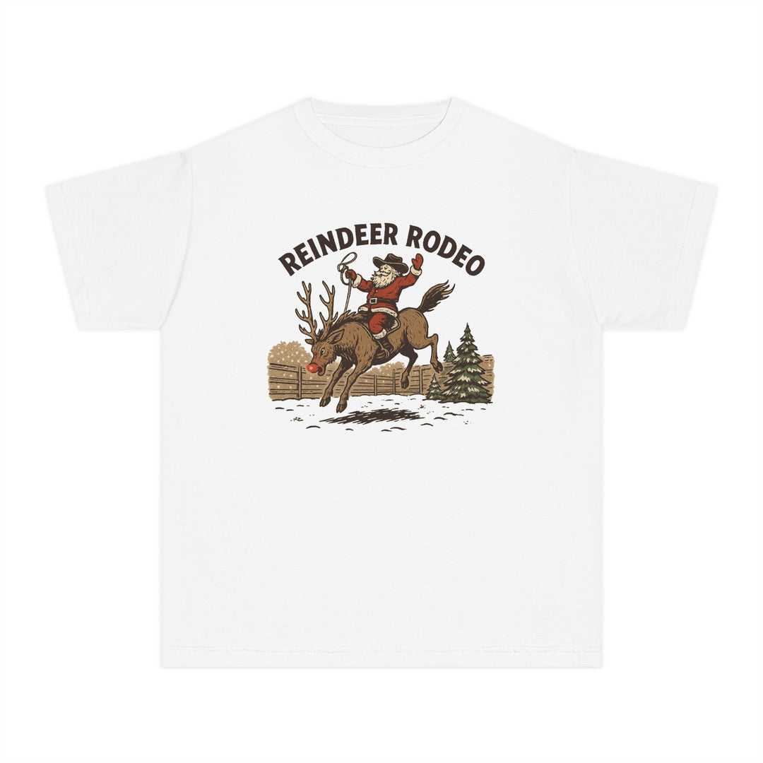 Reindeer Rodeo Kids Tee features Santa in a cowboy hat riding a reindeer, set against a snowy corral, blending holiday cheer with playful rodeo vibes.