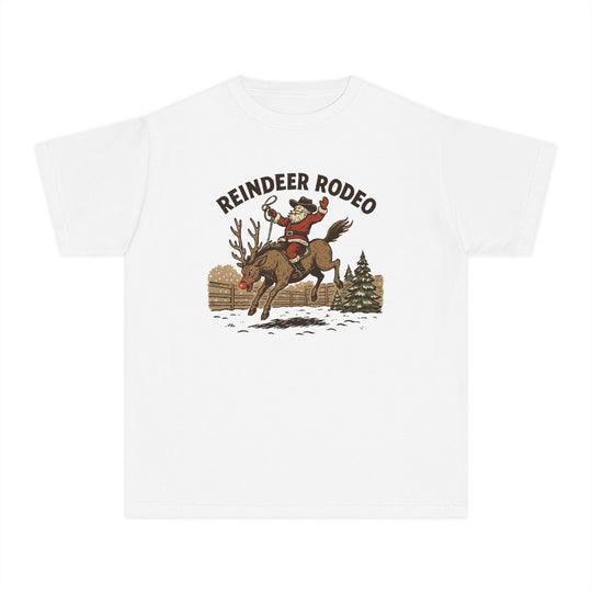 Reindeer Rodeo Kids Tee features Santa in a cowboy hat riding a reindeer, set against a snowy corral, blending holiday cheer with playful rodeo vibes.