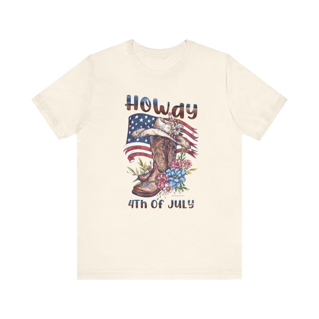 A white t-shirt featuring a cowboy hat, boots, and flowers, embodying the Howdy 4th Tee style from Worlds Worst Tees. Unisex jersey tee with ribbed knit collars, 100% Airlume combed cotton, and a retail fit.