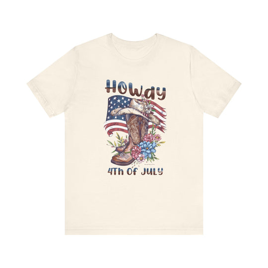 A white t-shirt featuring a cowboy hat, boots, and flowers, embodying the Howdy 4th Tee style from Worlds Worst Tees. Unisex jersey tee with ribbed knit collars, 100% Airlume combed cotton, and a retail fit.