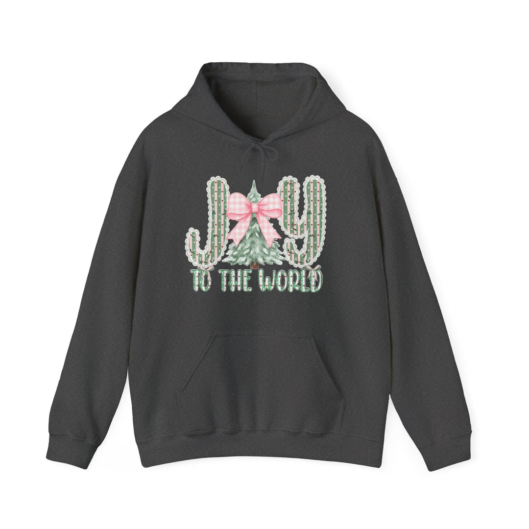 Joy to the World Hoodie with festive cactus and Christmas tree design, featuring a cozy charcoal-gray pullover style with a spacious kangaroo pocket.