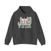 Joy to the World Hoodie with festive cactus and Christmas tree design, featuring a cozy charcoal-gray pullover style with a spacious kangaroo pocket.