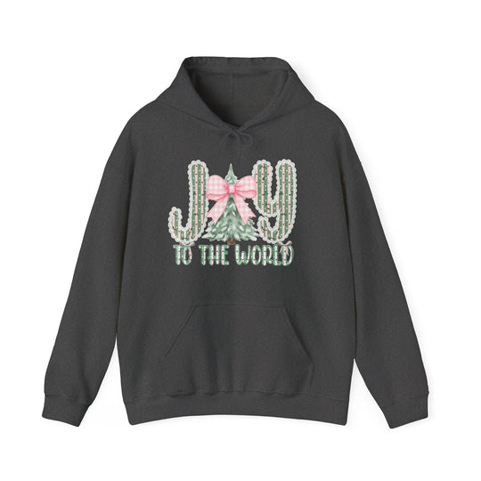 Joy to the World Hoodie with festive cactus and Christmas tree design, featuring a cozy charcoal-gray pullover style with a spacious kangaroo pocket.