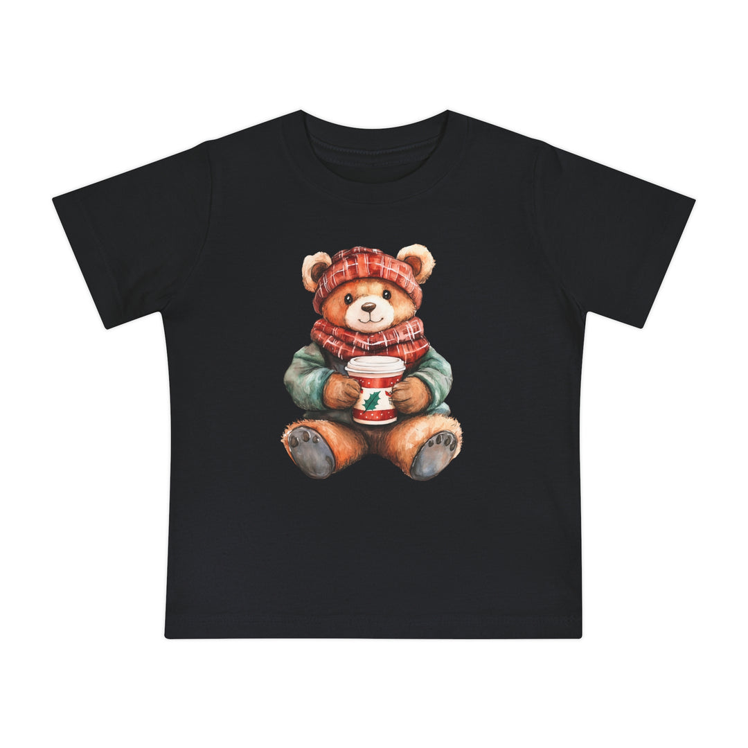 Old Money Baby Tee features a watercolor teddy bear graphic with plaid hat and scarf, perfect for baby's first steps in style.