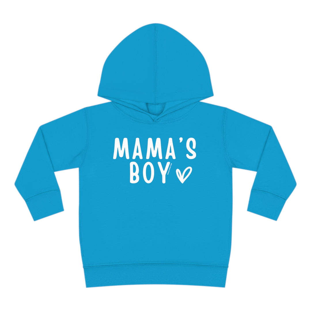 Toddler hoodie with Mama's Boy design, featuring jersey-lined hood, cover-stitched details, and side seam pockets for durability and coziness. Ideal for 2T-5-6T sizes.