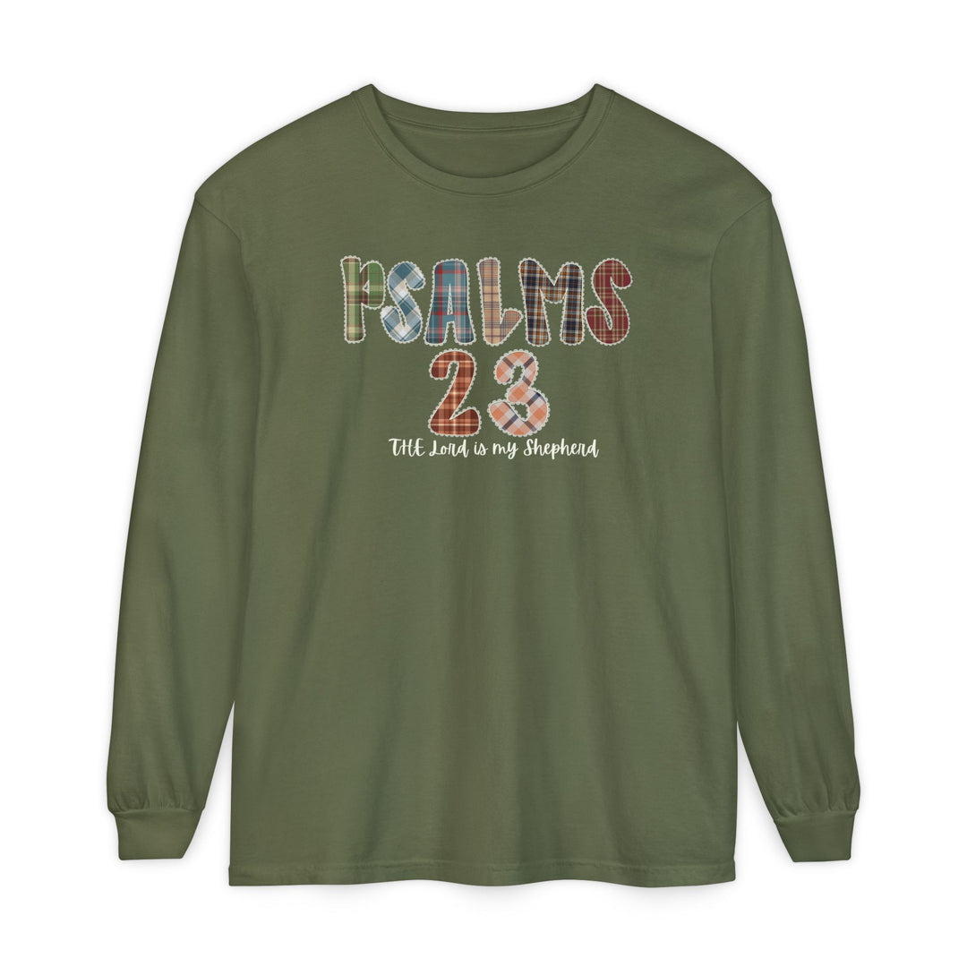 Psalms 23 Long Sleeve Tee featuring PSALMS 23 in plaid font and The Lord is my Shepherd script, crafted from soft ring-spun cotton for comfort.