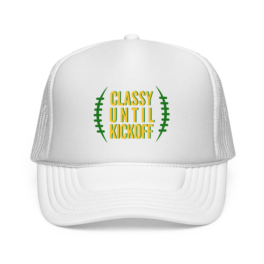 Copy of Trucker Caps: White trucker cap with CLASSY UNTIL KICKOFF football graphic, adjustable snap closure, durable mesh back, perfect for customization.