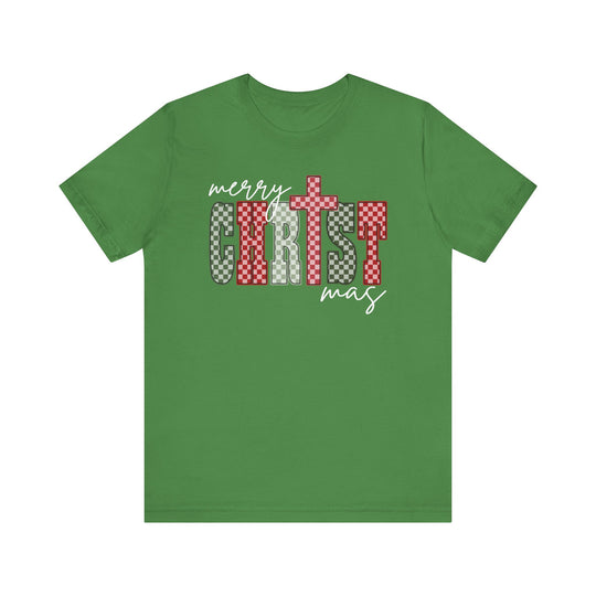 Christmas Tee featuring Merry Christmas graphic with checker-patterned CHRIST and cross-shaped T on a green background, highlighting festive spirit and soft comfort.