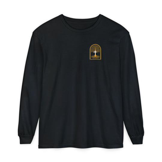 Noah to Adam Long Sleeve T-Shirt featuring a gold arched-window emblem with a white tree of life motif on the chest, laid flat.