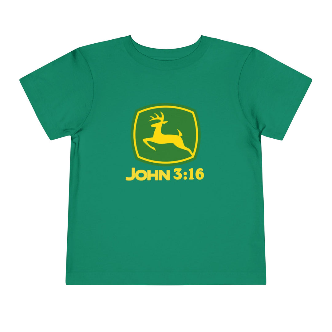 John 3:16 Toddler Tee features a playful spoof of the John Deere logo with a leaping deer, crafted from soft, comfortable cotton for kids.
