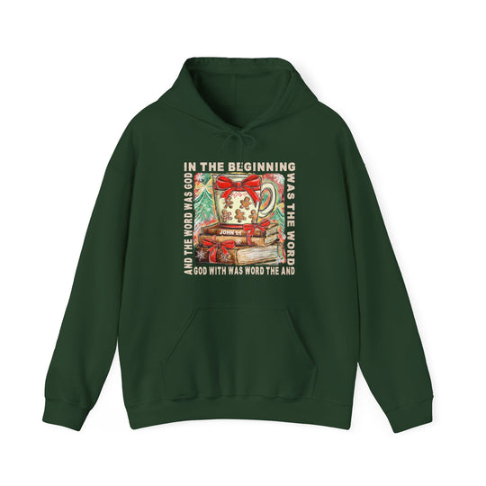 In the Beginning Hoodie features a dark-green design with a festive Bible-inspired graphic, perfect for Christmas, combining warmth and style with a spiritual message.