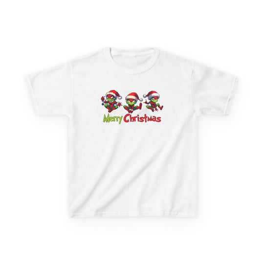 Spider Kids Tee featuring festive green cartoon creatures with Santa hats and Merry Christmas text, ideal for kids' everyday wear.