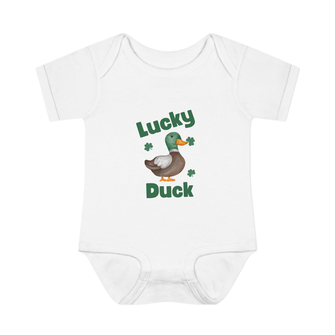 Lucky Duck Onesie featuring a cartoon duck with an orange beak, ideal for comfort with soft, 100% combed ringspun cotton and convenient lap shoulders.