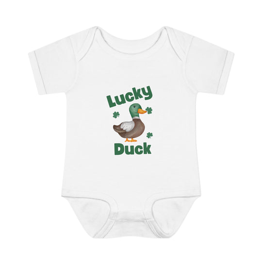 Lucky Duck Onesie featuring a cartoon duck with an orange beak, ideal for comfort with soft, 100% combed ringspun cotton and convenient lap shoulders.
