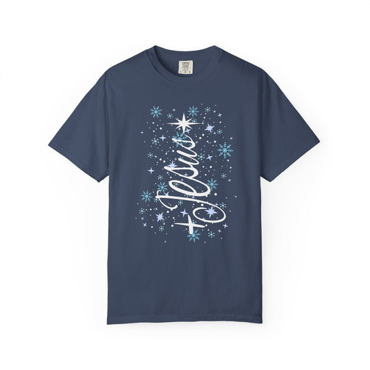 Jesus Tree Tee in navy-blue with Hello hand-lettered vertically, surrounded by starbursts and snowflakes, creating a wintry night-sky effect. Perfect for casual, stylish comfort.