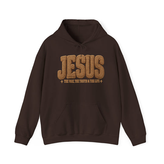 Dark-brown Jesus hoodie with chunky font and THE WAY, THE TRUTH & THE LIFE phrase, featuring a large front pocket and drawstring hood.