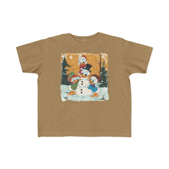 Duck Snowmen Toddler Tee featuring Donald Duck and nephews building a snowman in a snowy scene, perfect for toddlers with its soft, durable cotton fabric.