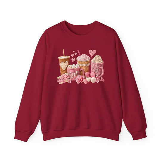 Coffee Love Crew sweatshirt with whimsical yarn-style illustration of knitted drinks and hearts, capturing cozy Valentine’s vibes in a unisex, comfortable fit.