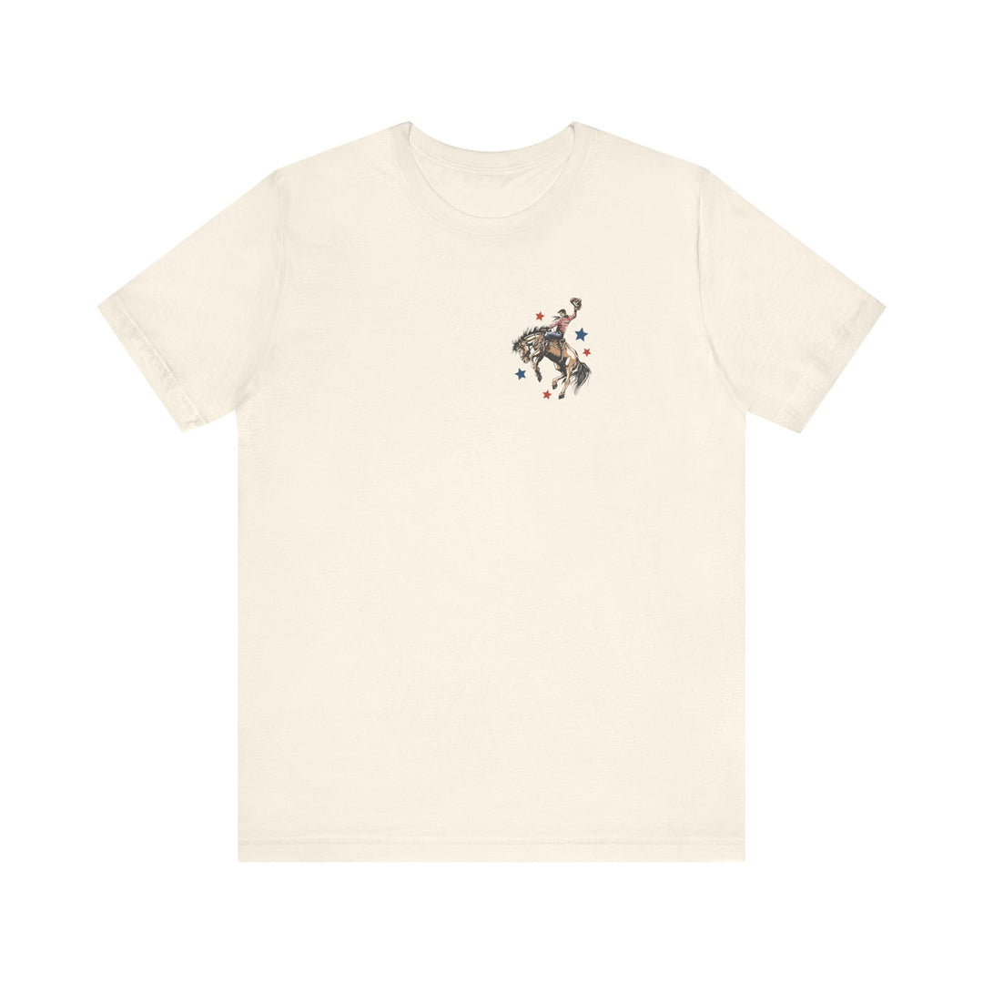 Make America Country Again Tee with a cowboy rodeo graphic, red and blue stars, short sleeves, and crew neck, crafted from soft cotton for comfort.
