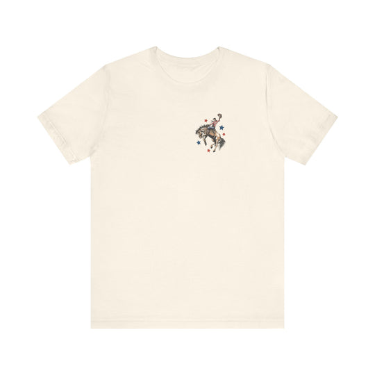 Make America Country Again Tee with a cowboy rodeo graphic, red and blue stars, short sleeves, and crew neck, crafted from soft cotton for comfort.