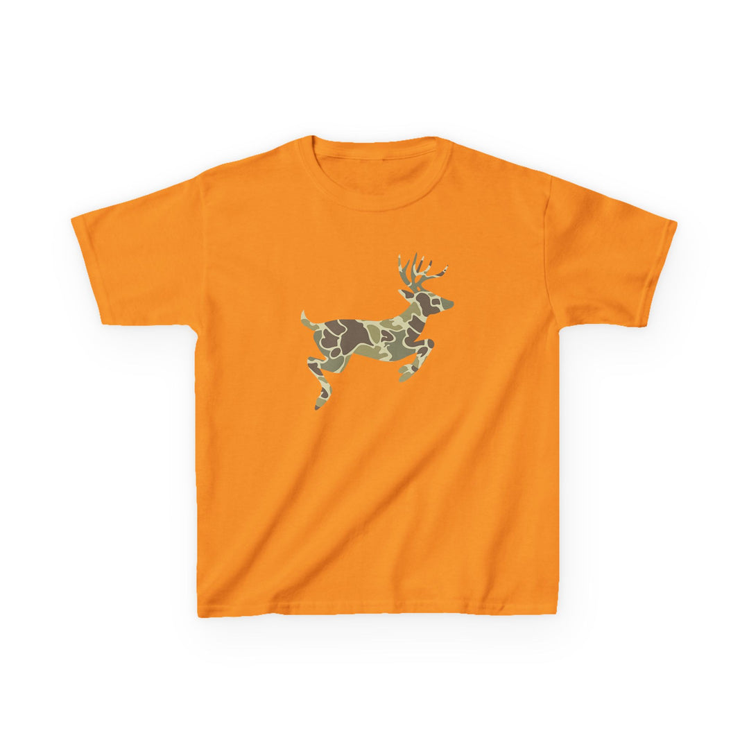 Camo Deer Kids Tee featuring a camouflage-patterned deer silhouette on a bright orange T-shirt, designed for durability and comfort with 100% cotton fabric.