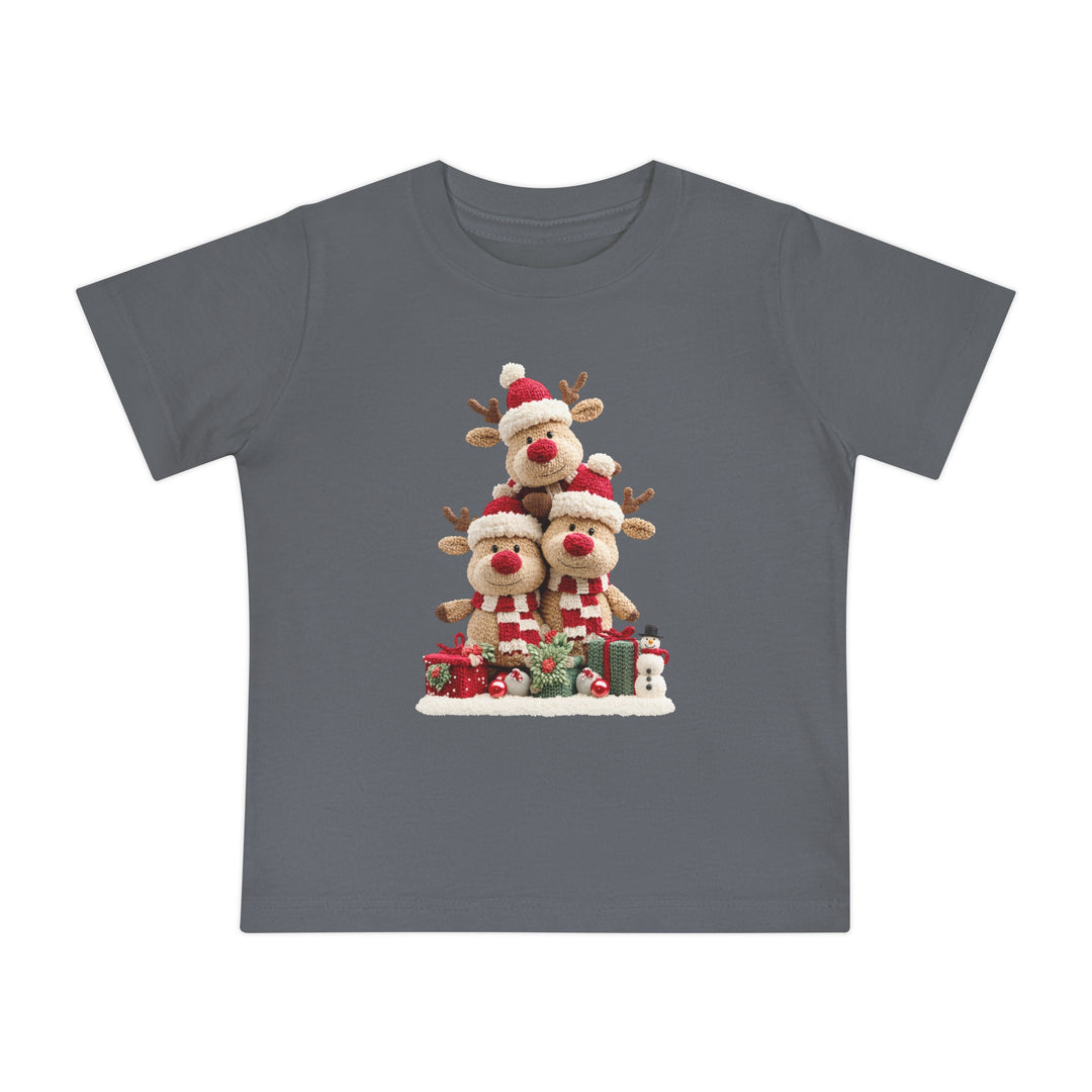 Reindeer Tree Baby Tee: Charcoal-gray toddler T-shirt featuring festive reindeer in Santa hats with gifts, ornaments, and a snowman, ideal for stylish first steps.