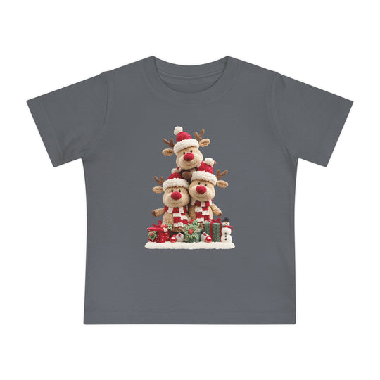 Reindeer Tree Baby Tee: Charcoal-gray toddler T-shirt featuring festive reindeer in Santa hats with gifts, ornaments, and a snowman, ideal for stylish first steps.