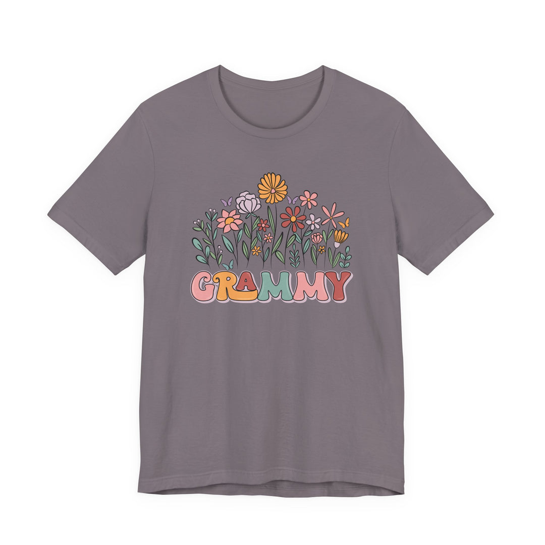 Mauve GRAMMY T-shirt with pastel hand-drawn flowers, unisex design, soft cotton, retail fit, ideal for those seeking unique graphic tees.